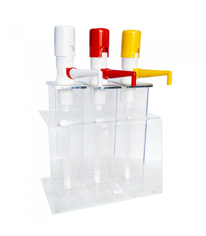 Dispenser sosuri cu suport transparent, 3x2litri, capac inox cu pompiță, roșu, galben, alb