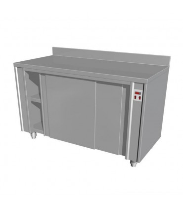Masă din inox cu rebord, dulap încălzit și uși glisante - 1600x600x850(h)mm