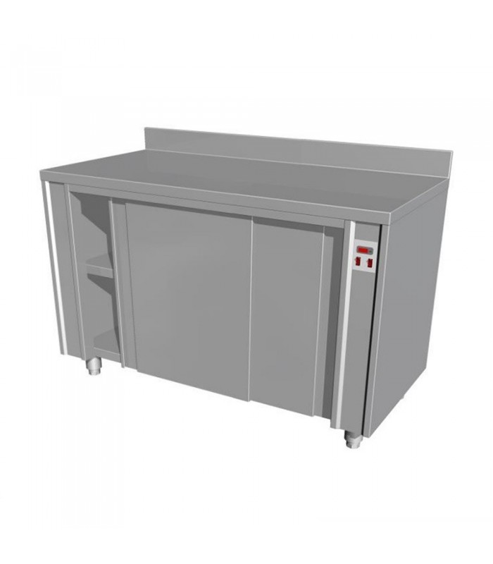 Masă din inox cu rebord, dulap încălzit și uși glisante - 1500x600x850(h)mm